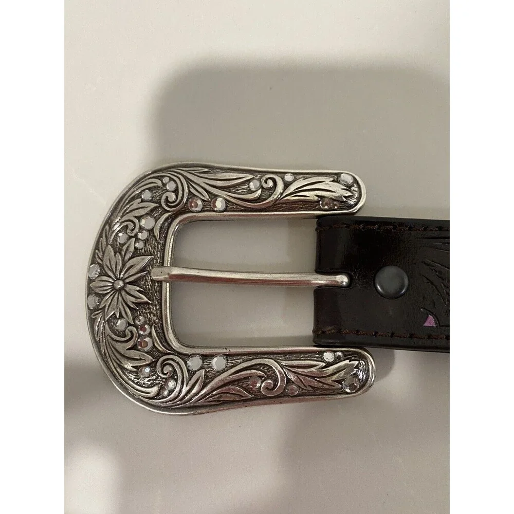 Ariat Girls Tooled Purple Rhinestones Conch Buckle Western Belt Sz 22